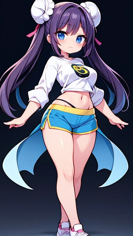 Create an anime-style female Pokémon character. she has fair skin, blue eyes and her hair is dark brown and styled in two large buns on each side of her head.. She is dressed in a tight white t-shirt with light blue sleeves.., with emblem on the chest and yellow shorts. The character wears white sneakers and is standing. Your body is well developed, Your breasts are full, Her waist is slender, your hips are wide and your thighs are thick. Your hands and feet are small. She has a beautiful smile.