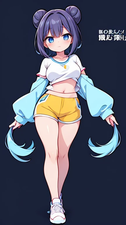 Create an anime-style female Pokémon character. she has fair skin, blue eyes and her hair is dark brown and styled in two large buns on each side of her head.. She is dressed in a tight white t-shirt with light blue sleeves.., with emblem on the chest and yellow shorts. The character wears white sneakers and is standing. Your body is well developed, Your breasts are full, Her waist is slender, your hips are wide and your thighs are thick. Your hands and feet are small. She has a beautiful smile.