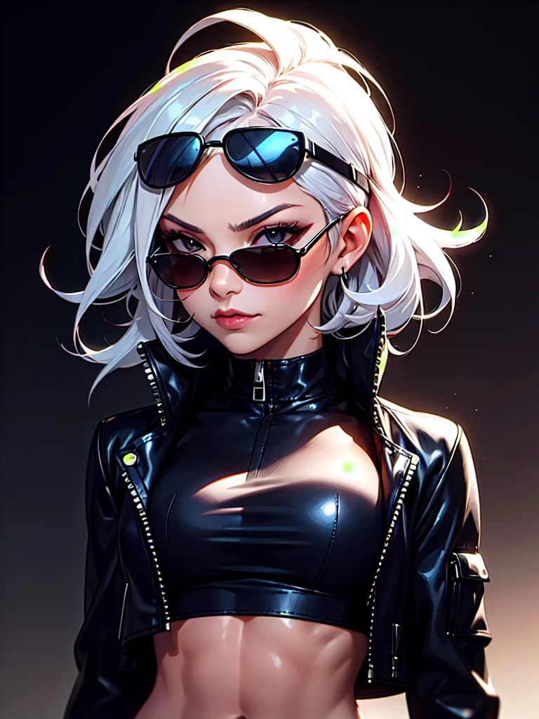 ((Portrait)), She has a Tough Appearance, with Adult Charm, Fair Skin and a Muscular Build. She Expresses a Proud and Smug Look, Giving Off a Self-Confident Attitude. She has Black Eyes, Her Hair is Short and Tousled, Dark Blue Gradient, with Uneven Strands Falling Around Her Face. She Wears an Oversized, Open Black Leather Jacket, with a High-neck Crop Top, Revealing Her Midriff, and She Also Wears Sunglasses. ((Portrait, HDR, Dark Background))