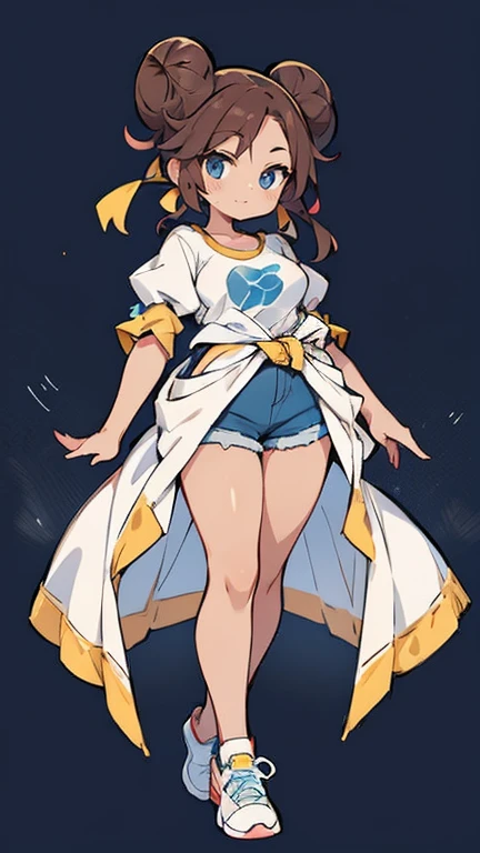 Create an anime-style female Pokémon character. she has fair skin, blue eyes and her hair is dark brown and styled in two large buns on each side of her head.. She is dressed in a tight white t-shirt with light blue sleeves.., with emblem on the chest and yellow shorts. The character wears white sneakers and is standing. Your body is well developed, Your breasts are full, Her waist is slender, your hips are wide and your thighs are thick. Your hands and feet are small. She has a beautiful smile.