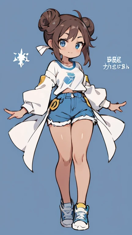 Create an anime-style female Pokémon character. she has fair skin, blue eyes and her hair is dark brown and styled in two large buns on each side of her head.. She is dressed in a tight white t-shirt with light blue sleeves.., with emblem on the chest and yellow shorts. The character wears white sneakers and is standing. Your body is well developed, Your breasts are full, Her waist is slender, your hips are wide and your thighs are thick. Your hands and feet are small. She has a beautiful smile.