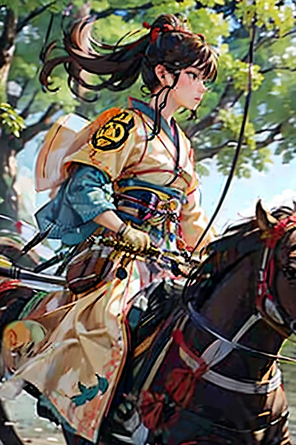 Only one female, Riding a horse, (Pull the string to its limit) (Has a simple black ribbon), (Beige kimono) (White kettle), Chest protector, (Mature Woman:0.8), /(Brown Hair/) bangs, (A light smile:0.4), Dignified, Turn your back, (Masterpiece Top quality:1.2) Delicate illustrations, super detailed, medium breasts break (Galloping horses), (Realistic Horses) break (Sacred shrines) Outdoor, Pasture, Japan, noon, Detailed Background