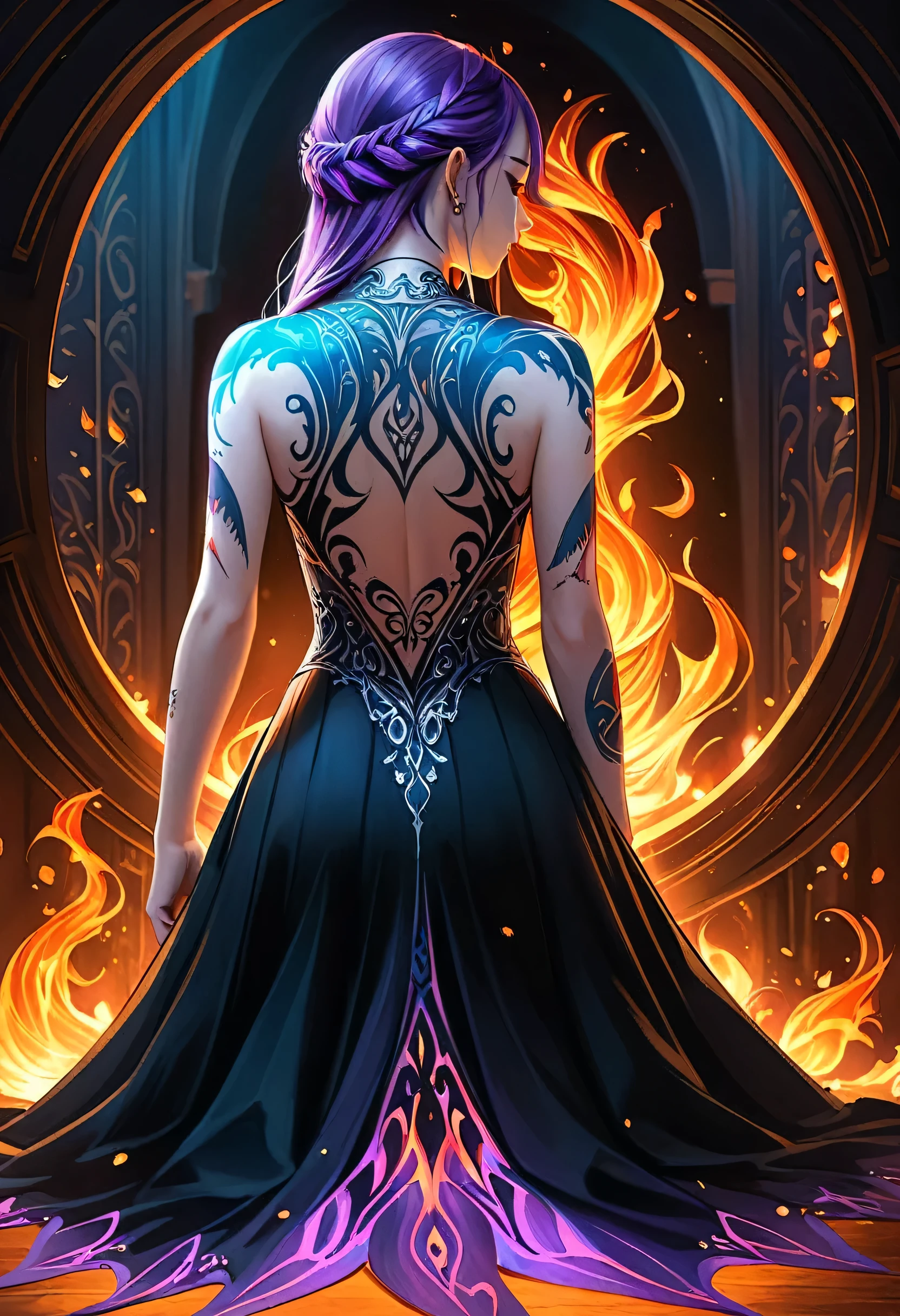  a picture of a ((shark tattoo: 1.5)) on the back of a female elf, Dark fantasy art, fantasy art, goth art,, a glowing tattoo of a ((shark: 1.3)) on the back of the elf, the ((shark tattoo)) is vivid, intricate detailed coming to life from the ink to real life, GlowingRunesAI_purple, ((fire surrounds the shark: 1.5)), shoot taken from the back, ((the back is visible: 1.3), she wears a transparent black dress, the dress is elegant, flowing, elven style, that the tattoos glow, dynamic hair color, dynamic hair style, faize,, Digital Painting