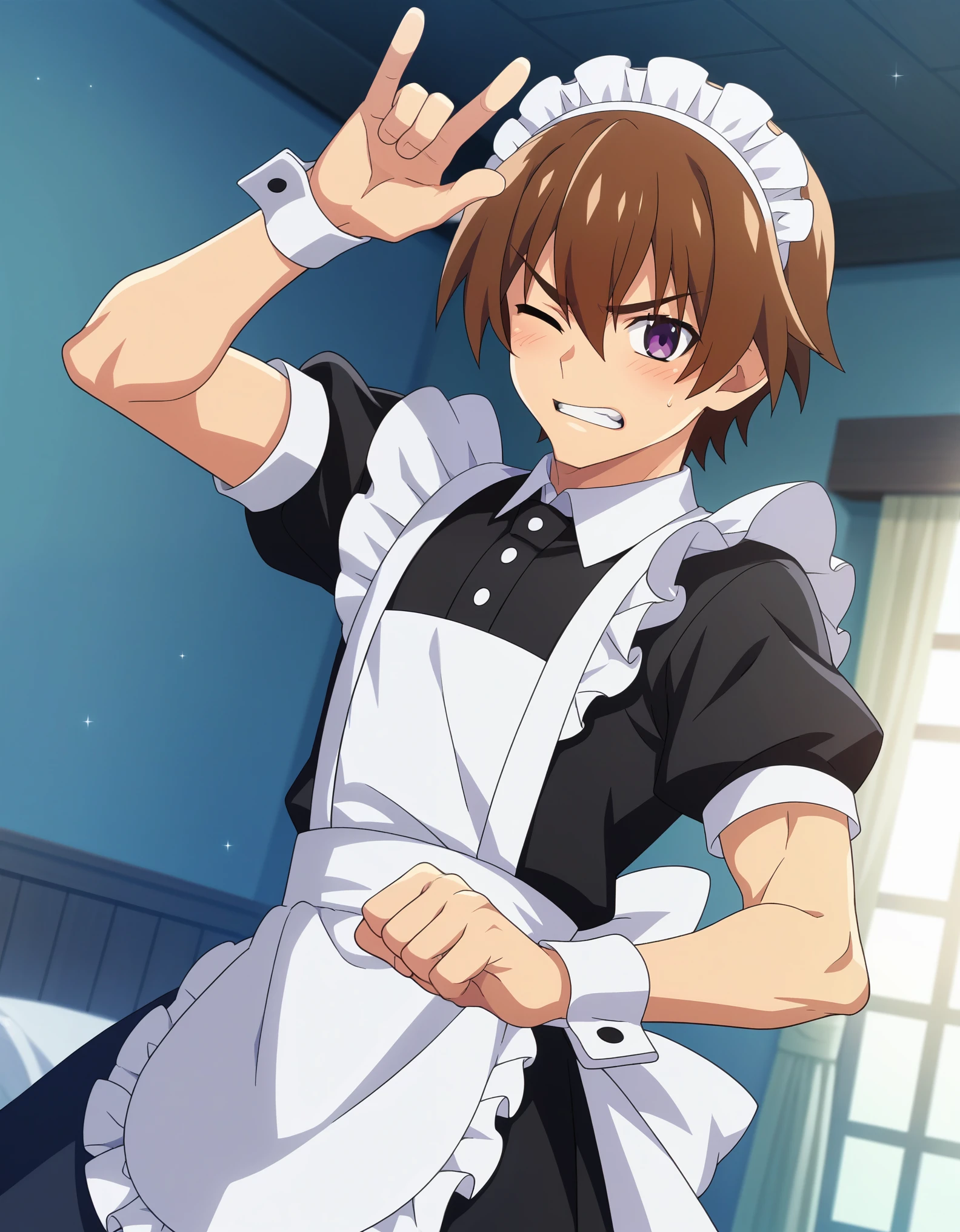 score_9, score_8_up, score_7_up, source_anime, anime_screencap, masterpiece, best_quality, uncensored, higurashimei, 
solo, blush, short hair, brown hair, 1boy, purple eyes, male focus, teeth, one eye closed, wrist cuffs, maid, maid headdress, parody, clenched teeth, crossdressing, maebara keiichi