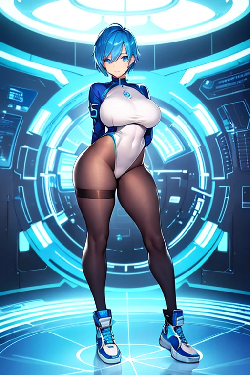 1girl, blue hair, pixie cut, very short hair, smile, breasts, leotard, white leotard, pantyhose, black pantyhose, neon, futuristic, science-fiction, full_body, ((full body)), mature female, hourglass figure, large breasts, machinery, tech, neon trim, sneakers