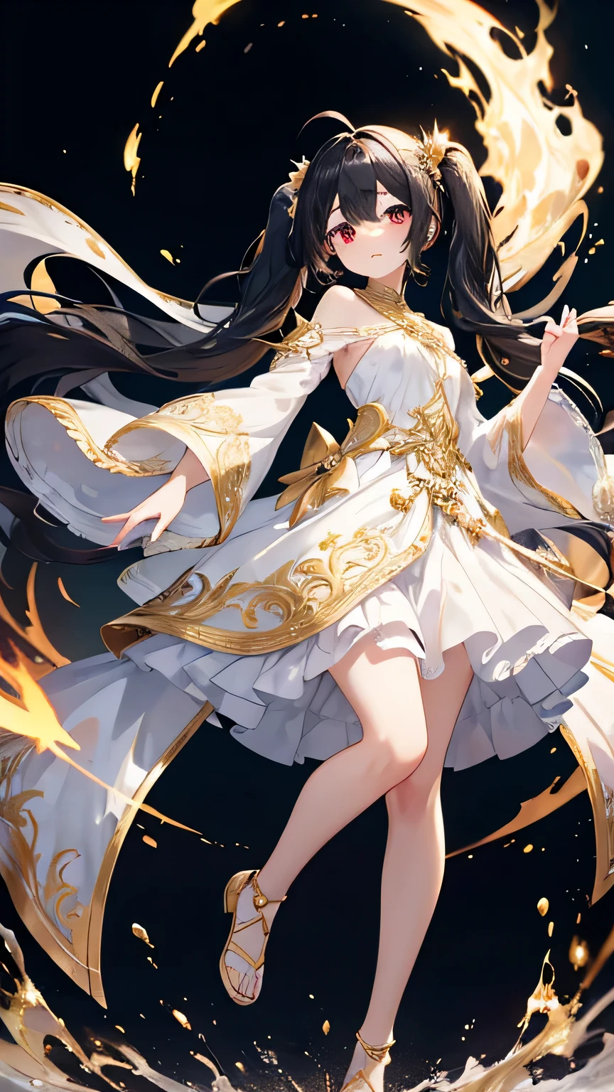 masterpiece), best quality, expressive eyes, perfect face,full body, 1 girl, long flowing black hair, twintails,double small buns, ahoge red eyes, pretty wearing flowing magical dress, white dress with gold accents, ornate flowing short dress flowing white short dress white and gold short dress ornate flowing short dress, ancient short white dress, fantasy outfit, golden-white short dress, flowing dress, flowing dress, astral clothes, white and gold dress flowing wide sleeves 