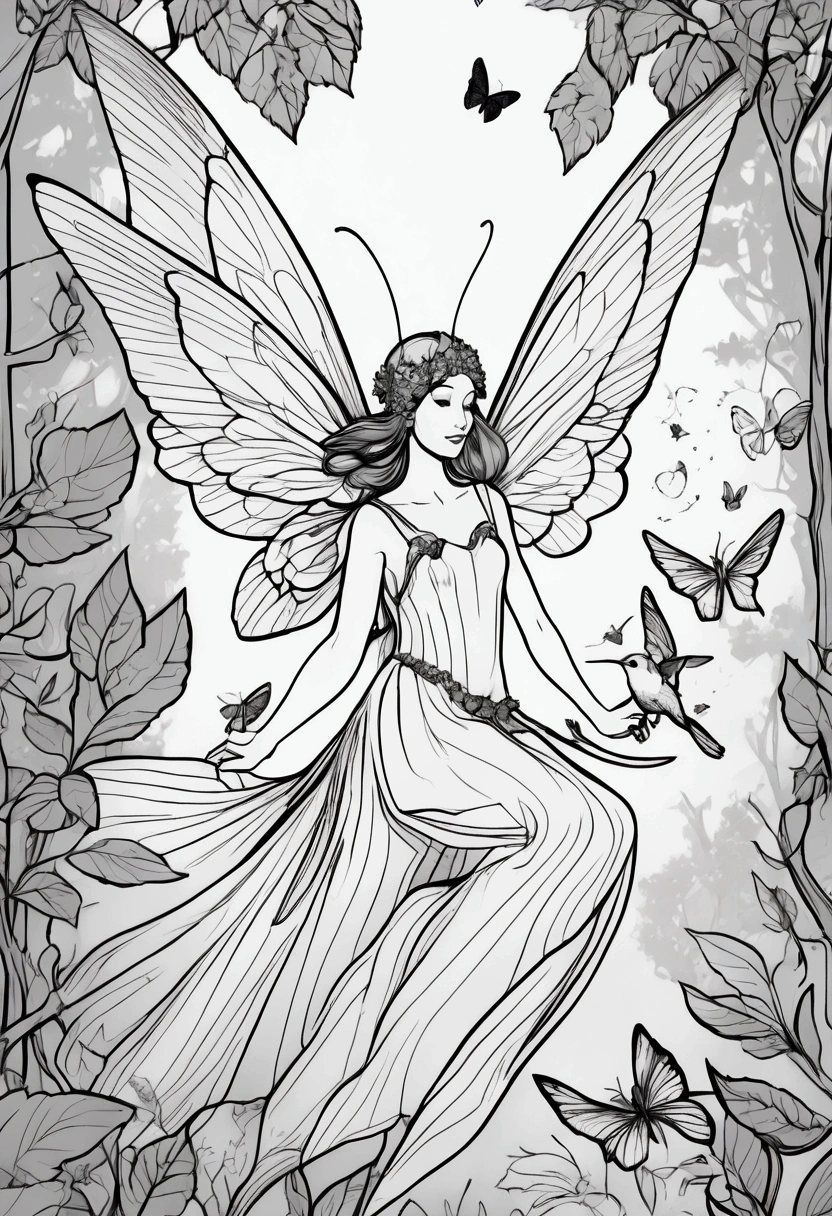 A fairy riding a hummingbird through a dense woodland. clean line art, white background, colouring page, clean outline, sketch style, clean lines, details line work, floral design, butterfly
