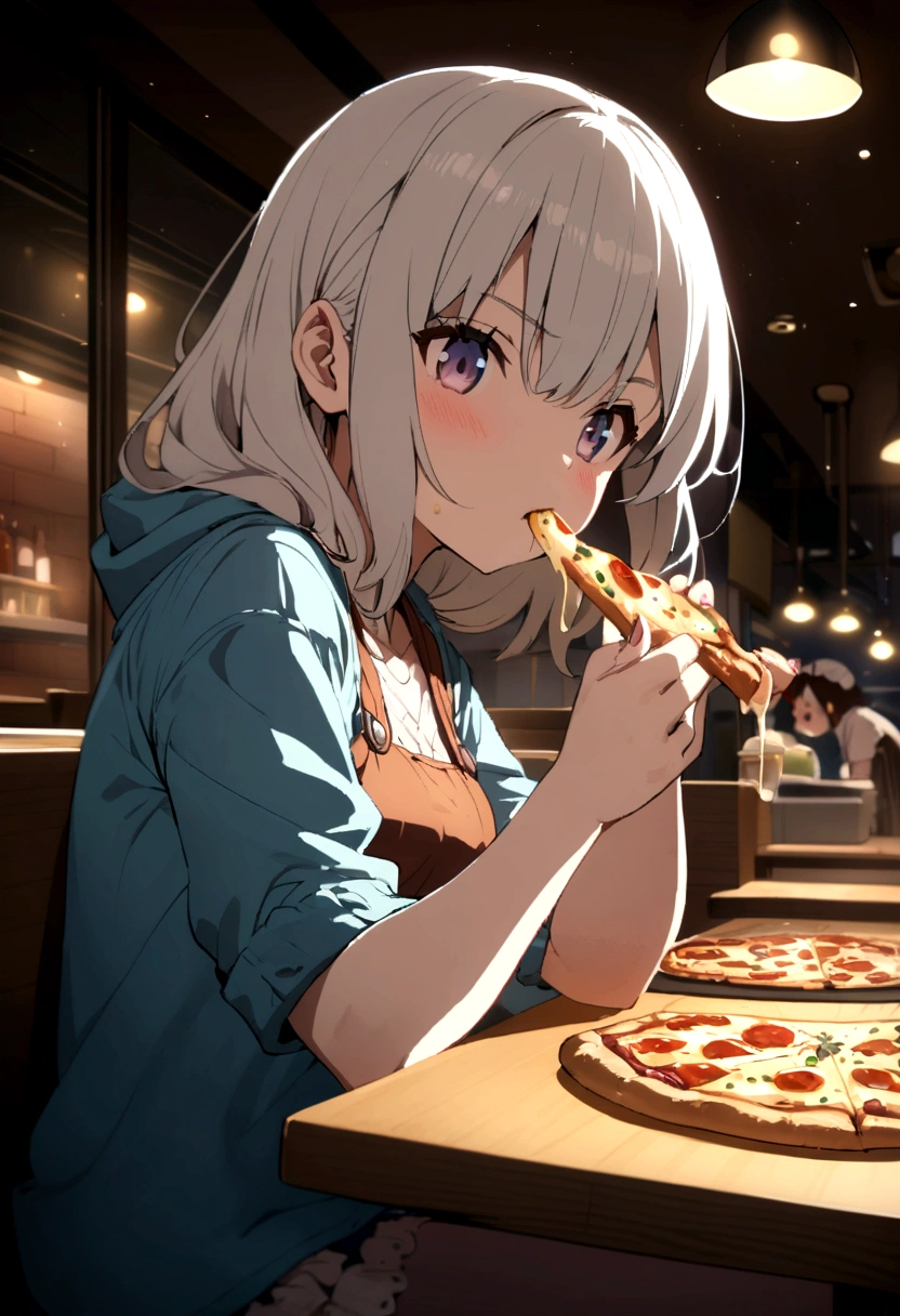 anime girl eating pizza in a restaurant.