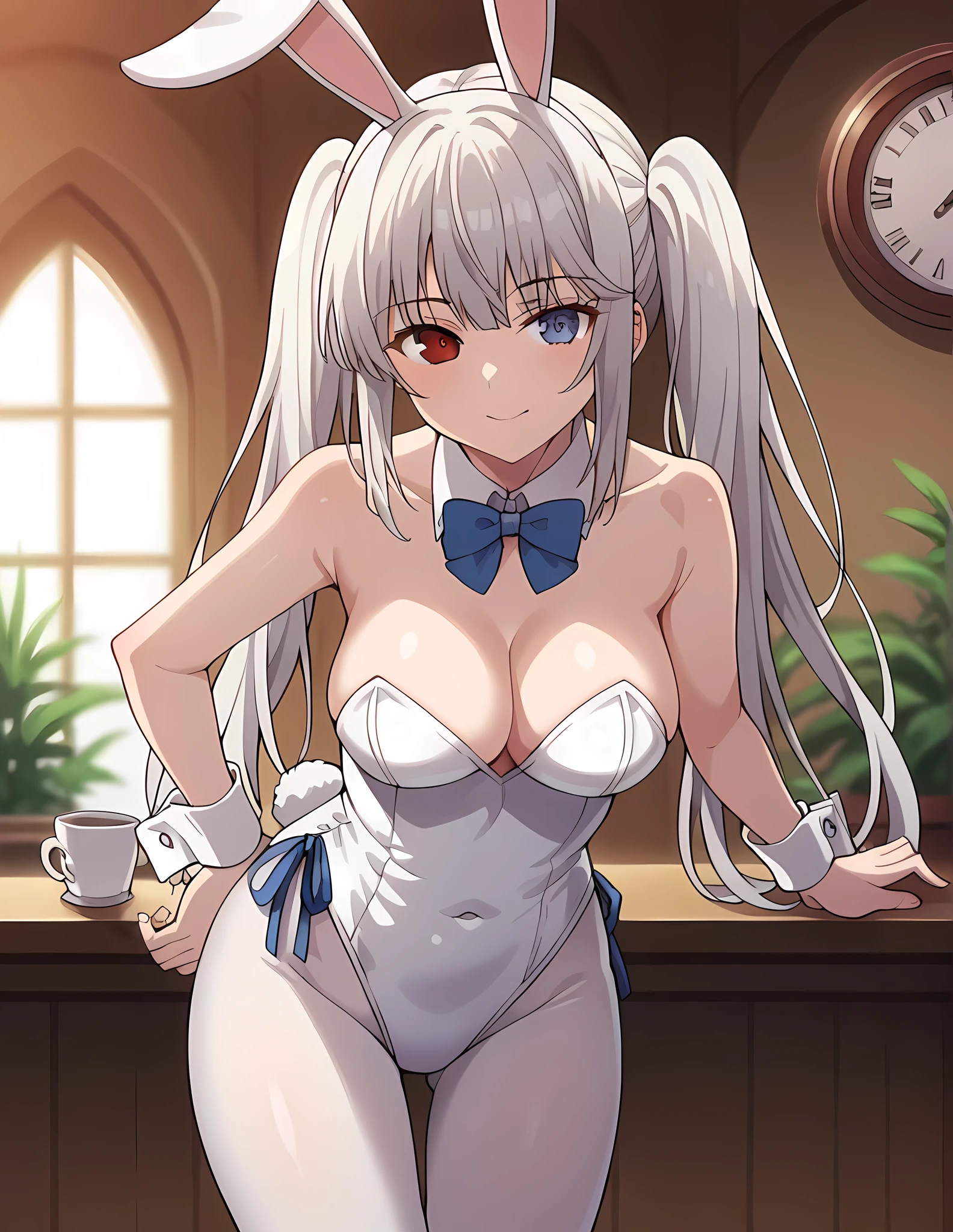 1girl, solo, long hair, big breasts, looking at viewer, smile, bangs, clock blue eyes, red eyes, dancing, removing clothes, brassiere, bow, animal ears, cleavage, bare shoulders, twintails, medium breasts, very long hair, closed mouth, tail, white hair, pantyhose, sidelocks, indoors, bowtie, rabbit ears, blurry, leotard, removing leotard, cup, wrist cuffs, bare arms, strapless, covered navel, leaning forward, detached collar, fake animal ears, heterochromia, blue bow, playboy bunny, rabbit tail, strapless leotard, white pantyhose, white leotard, removing leotard, breasts, brassiere, leotard in the hand