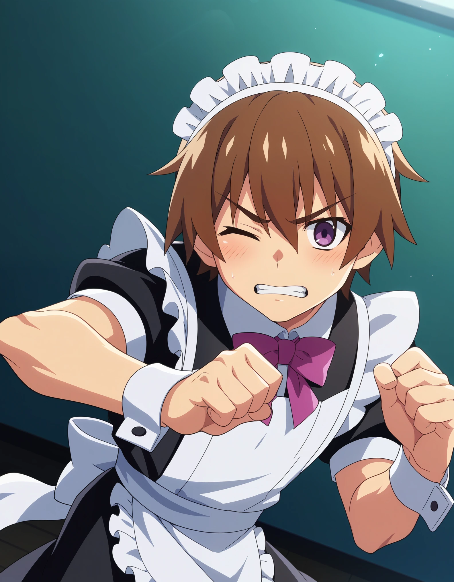 score_9, score_8_up, score_7_up, source_anime, anime_screencap, masterpiece, best_quality, uncensored, higurashimei, 
solo, blush, short hair, brown hair, 1boy, purple eyes, male focus, teeth, one eye closed, wrist cuffs, maid, maid headdress, parody, clenched teeth, crossdressing, maebara keiichi