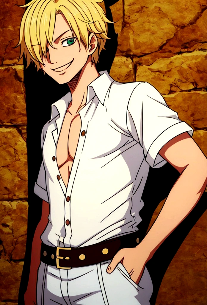 Young Boy Pirate (23 years old), blond short loose hair WITHOUT HAT, green eyes, kind smiling, wearing white chemise pirate, brown pants pirate