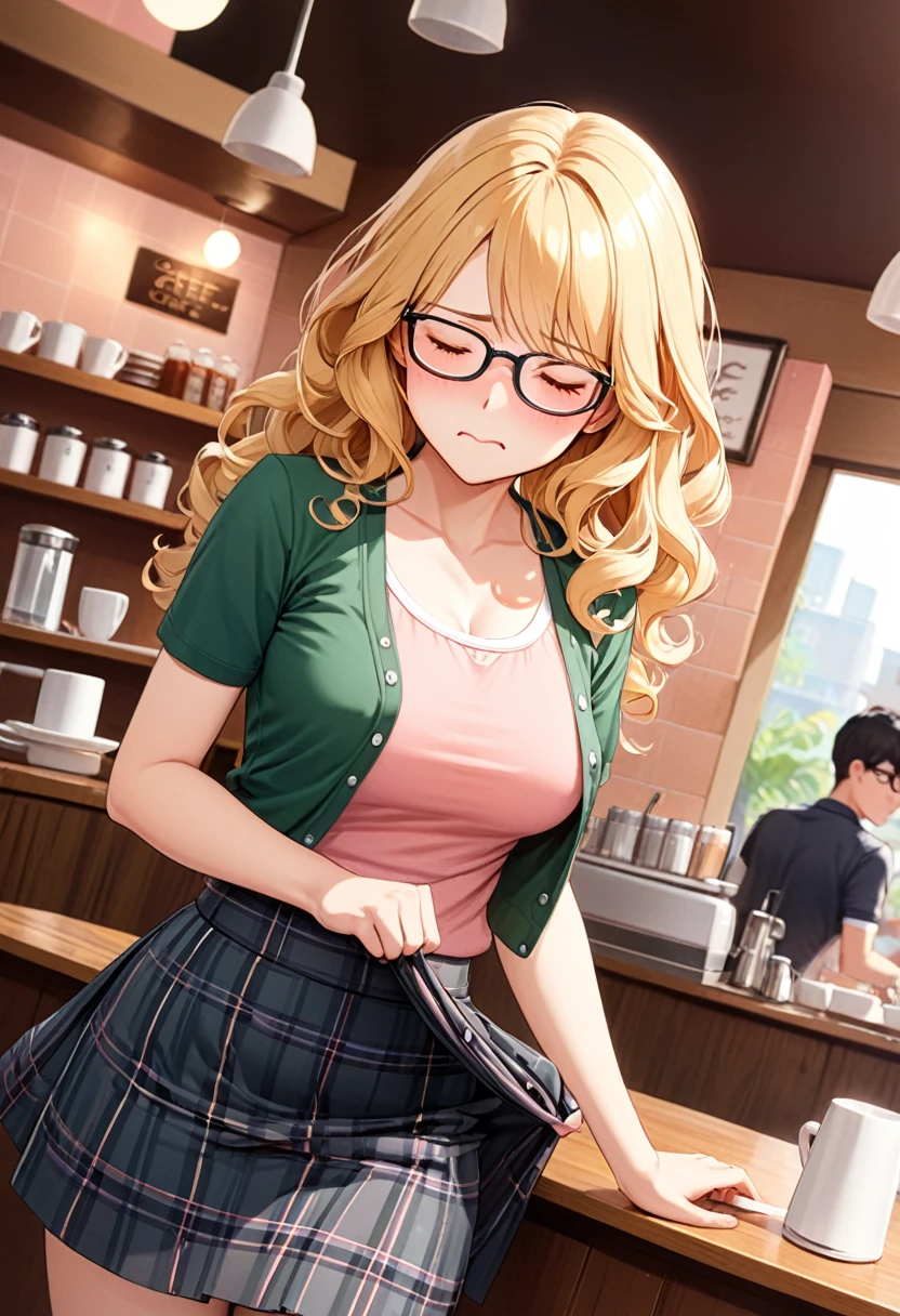 detailed illustration ,dynamic angle, ultra-detailed, detailed eyes, detailed face, 1girl, shy, long blonde hair, wavy hair, glasses, blushing, horny, holding skirt down, black plaid skirt, green blouse, pink vest, cleavage, braless, blushing, flushed, red cheeks, closed eyes, embarrassed, standing, cafe, shy, bulge under skirt, no bra, cold