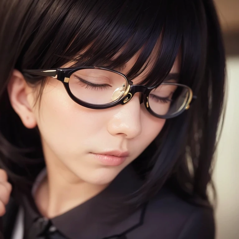 a masterpiece portrait of a beautiful young woman with a black cat and a small face and a cute expression, wearing glasses , With closed eyes wearing a crow mask, wearing a black formal blazer and a short skirt, in an office setting, shot with a DSLR camera, high-quality 8k UHD image with realistic skin details, detailed facial features, rim lighting, lying on the bed