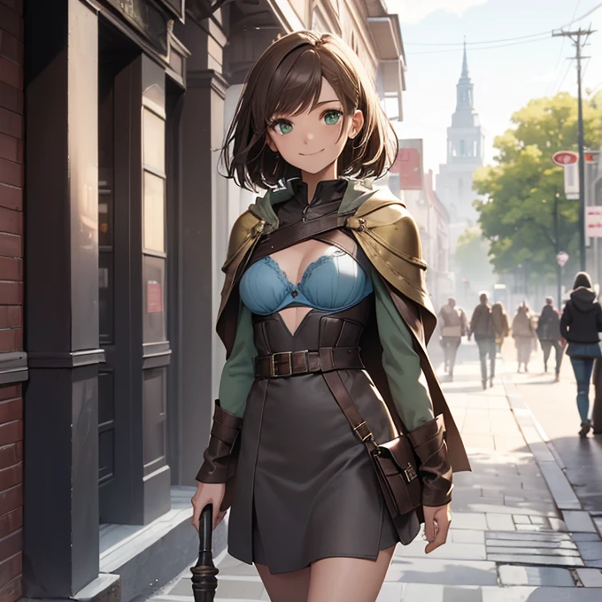 (absurdres, best high quality image, carefuly detailed features and textures, very detailed image, solo character alone, full character body and design): {{(1character: 20 years old human mage girl), (fair skin, medium straight light brown hair, green eyes, medium breasts, nice body), (light blue bra, golden shoulder plates, grey cloak light blue short skirt, brown short boots), (grey steel scepter), (calm happy smile, relaxed expression), (walking through modern human british city)}}