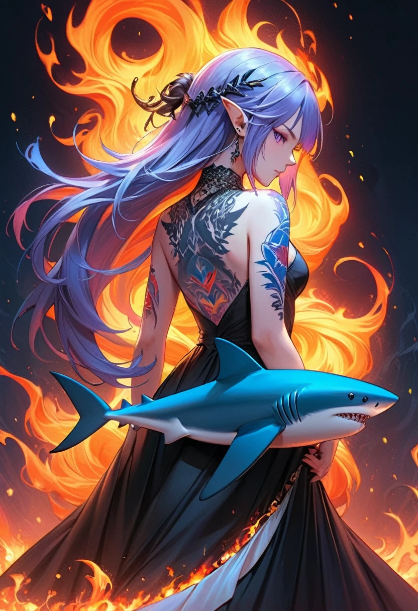 Arafed, a picture of a ((shark tattoo: 1.5)) on the back of a female elf, of  glowing tattoo of a ((blue shark: 1.3)) the shark tattoo is vivid, intricate detailed coming to life rising from the ink to real life, ,  AlchemyPunkAI, shoot taken from the back, ((the back is visible: 1.3), she wears a transparent dress that the tattoos glow,