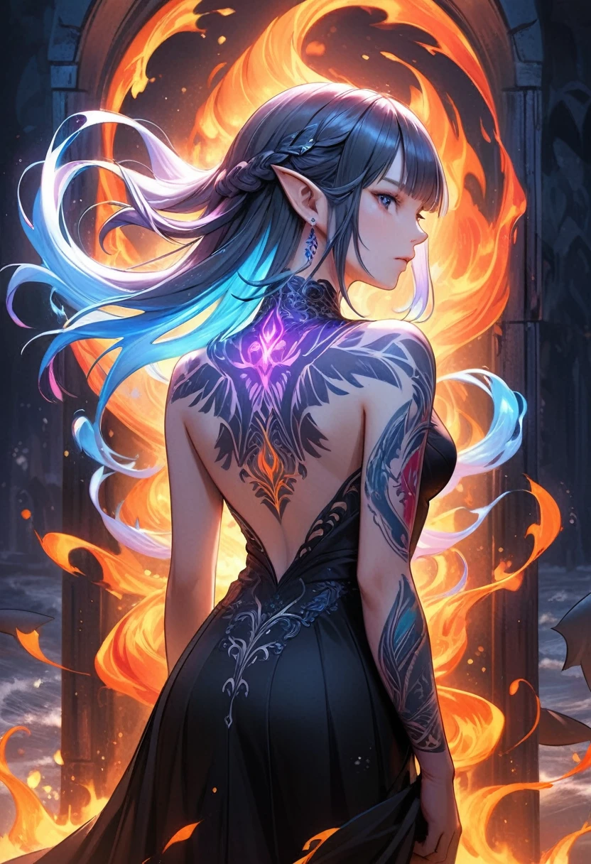  a picture of a (((shark tattoo: 1.5))) on the back of a female elf, Dark fantasy art, fantasy art, goth art,, a glowing tattoo of a ((shark: 1.3)) on the back of the elf, the ((shark tattoo)) is vivid, intricate detailed coming to life from the ink to real life, GlowingRunesAI_purple, ((fire surrounds the shark: 1.5)), shoot taken from the back, ((the back is visible: 1.3), she wears a transparent black dress, the dress is elegant, flowing, elven style, that the tattoos glow, dynamic hair color, dynamic hair style, faize,, Digital Painting