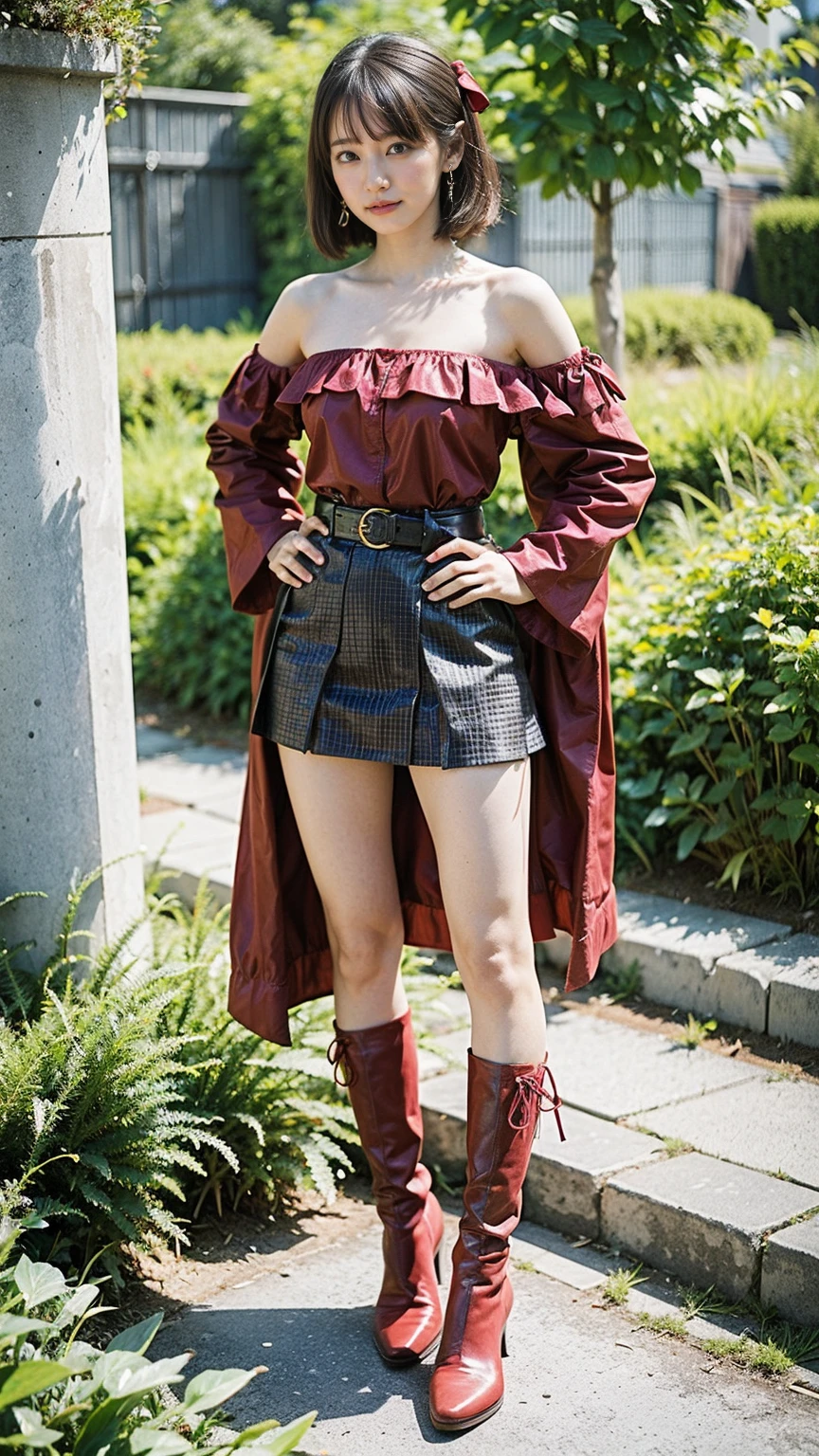 (8K、RAW Photos、Highest quality、masterpiece:1.2)、(Realistic、Realistic)、1 Girl、((mini skirt、smile、Red and Black、Thin legs、whole body、boots、Clothes with ribbons、Anime Costumes、Chest ribbon、Off the shoulder、See-through、Frills、garden、View from the front、Ribbon on chest、Looking into the camera、belt、Stand with hands on hips))、