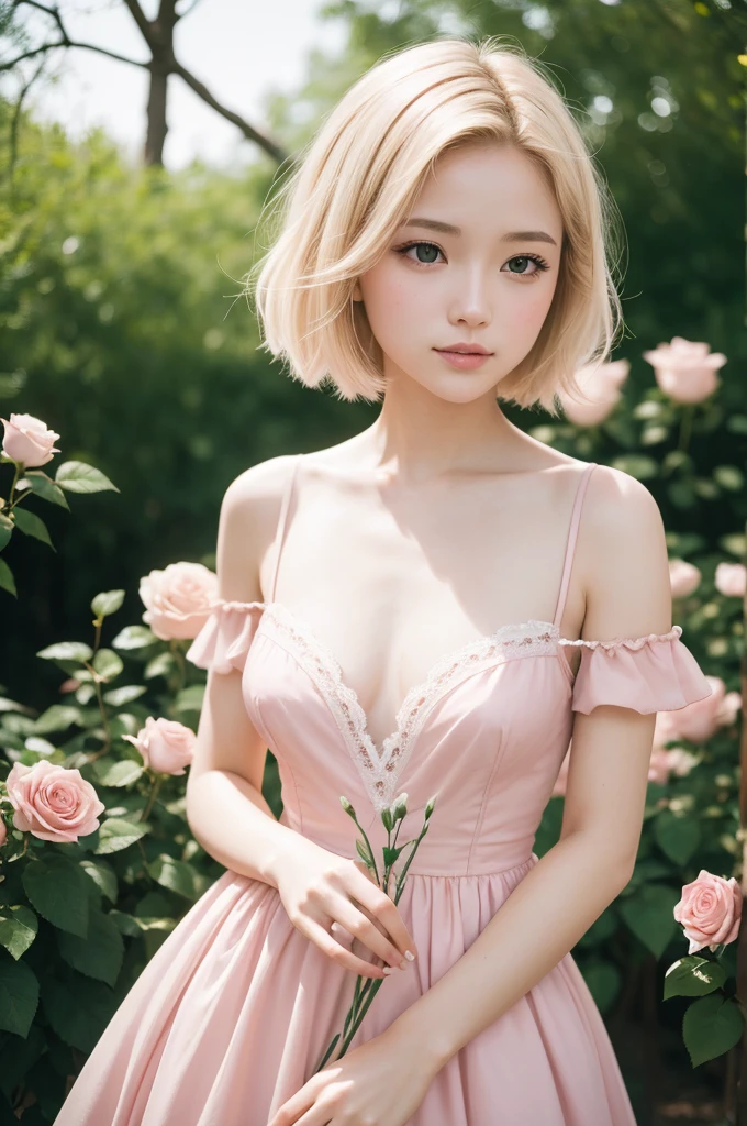 8K, CRU photo, Fujifilm, style photo of a beautiful young woman like Avril in a light pink rose garden (highly detailed skin: 1.2) Style-Petal BREAK short hair, blonde hair with colored highlights, wearing a dress, film grain, 35mm, cute style