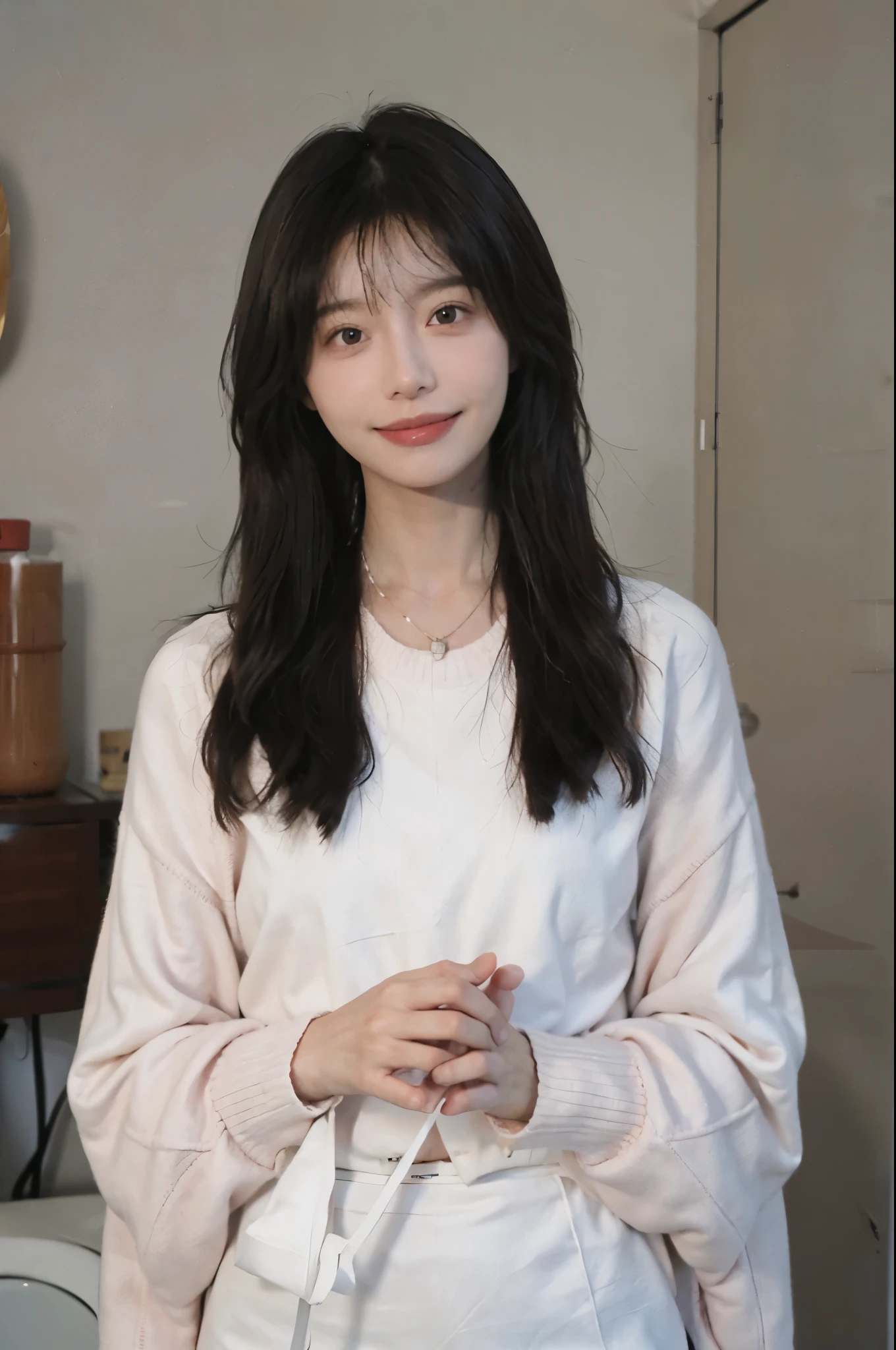 best quality， ultra high resolution， （realistically：1.4），cute hairpin，Baoyu Girl，1 girl,pink long sweater，pink long sweater ，Beautiful woman with slim figure:1.4, abdominal muscles:1.1, (a brown haired one, Medium chest:1.3), pink long sweater, bathroom,Super thin face，exquisite eyes，double eyelids，Smile，necklace