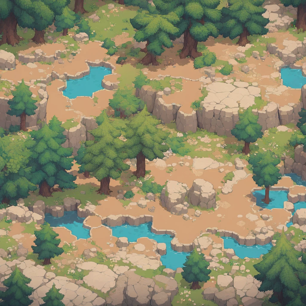 retro video game style,pixelated, vibrant pastel colors,8-bit characters,blocky shapes,sharp lines,detailed shading,classic gaming vibe,nostalgic atmosphere,classic arcade games,masterpiece:1.2,ultra-detailed,illustration style, 2d texture, stone texture, 4 k seamless mud texture, video game texture, dirt texture, tileset, game tiles, grass, 3/4th perspective trees, 3/4th perspective tileable rock texture, 3/4th perspective tileable cliff formations, tileable trees, topdown view, game texture, game art, tileable texture, very detailed cliff texture, intricate stones, top down view, 3/4th perspective