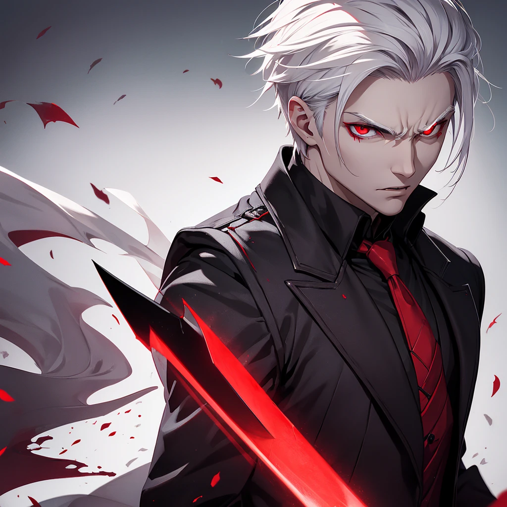 Male vampire with a short white hair, red eyes and a serious face wearing a dark prince clothes and holding a shadow blade