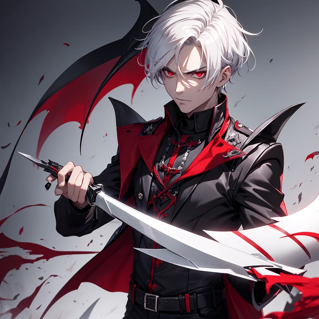 Male vampire with a short white hair, red eyes and a serious face wearing a dark prince clothes and holding a shadow blade