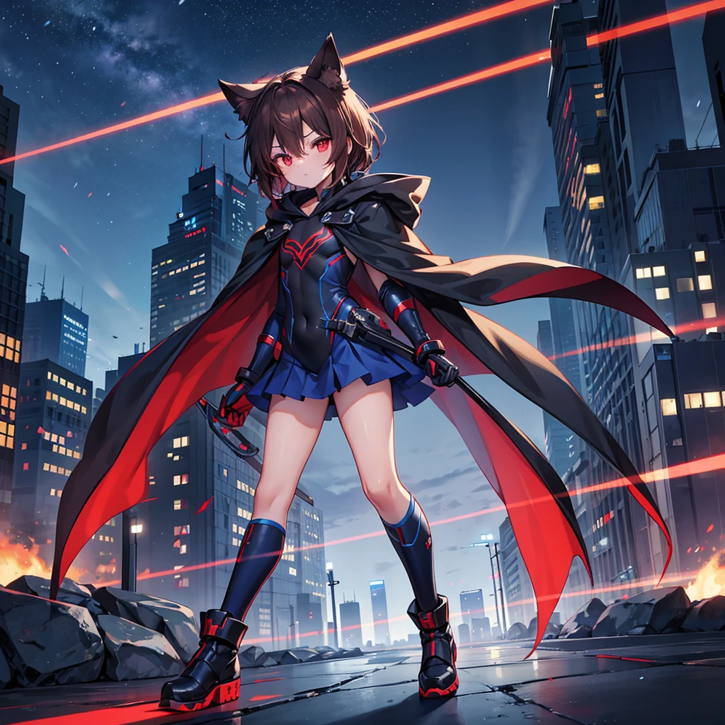 1boy, Femboy, superhero, crossdresser man, teenager, with a dark blue with red accents full body Spandex crow themed suit, with a blue cape, a blue glowing decal in the chest, black gloves and black boots that resemble crow feet, and a hoodie, long technological red sword, brown skinned, red eyes, feminine shoulder length dark brown hair, wide hips, thick thighs , flat chest, narrow waist, walking down street a futuristic city at night ((only one character)), (((solo)))