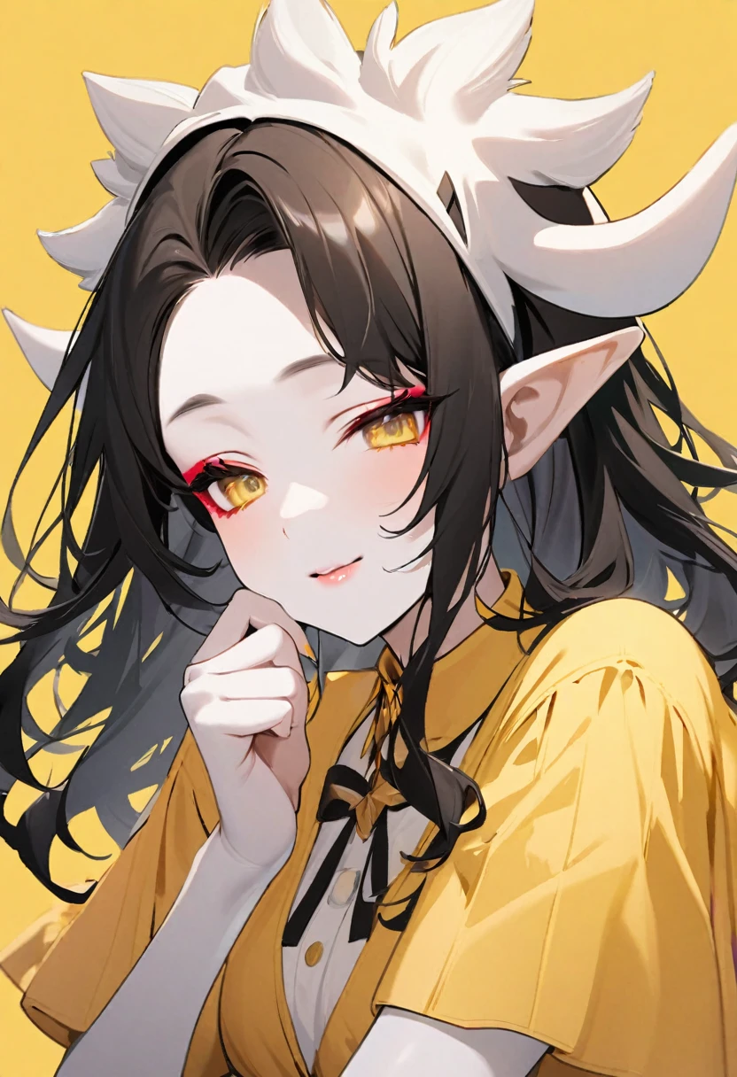 black hair (wave and long), multicolored No bangs, makeup, eyeshadow, cute yellow clothes, satchels, idol, kpop (elf ears), (dragon horns)(yellow background)sleeping asian (closed eyes) small eyes(yellow eyes)、busty happy expression upright portrait upperbody white skin