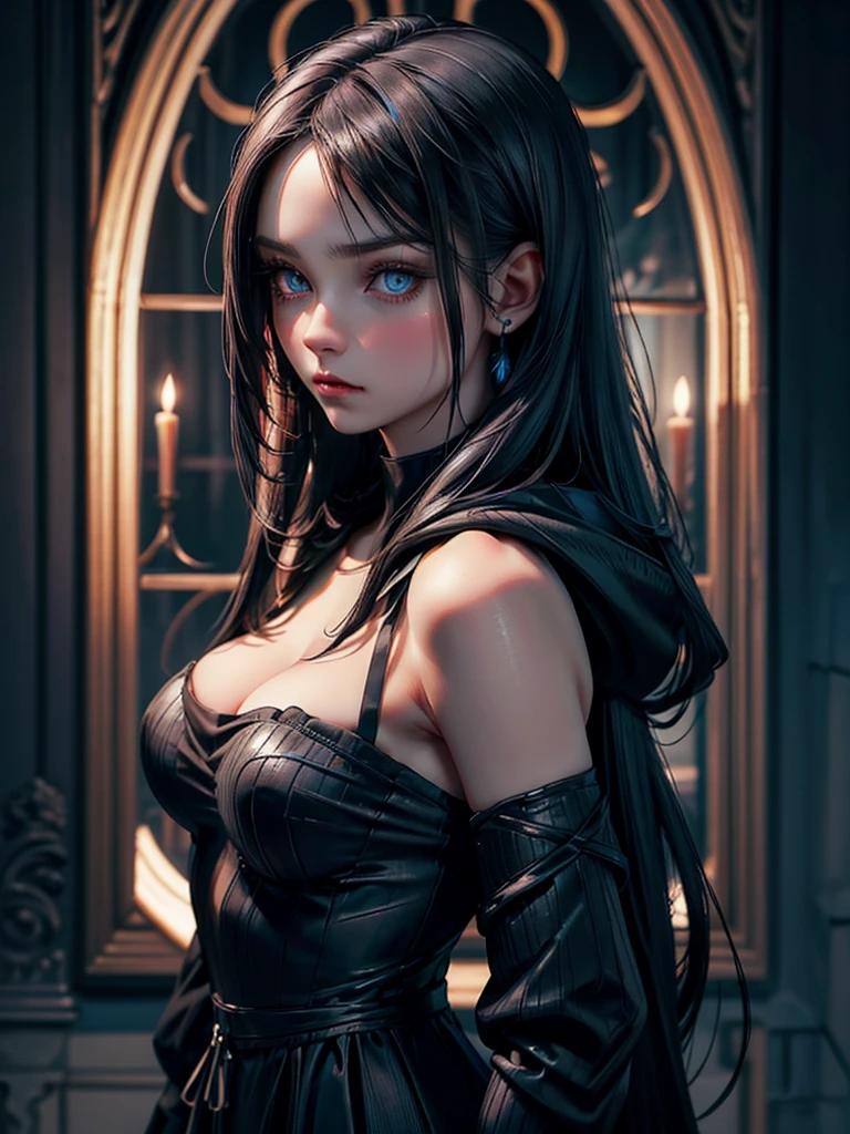 ((portrait, face close up)) ((Sexy, tall beautiful russian supermodel)) ((Big bright blue eyes)) ((pale skin)) ((dark eyeshadows make up)) ((bright red lipstick)), ((seductive smile, seductive gaze)) ((very long straight black hair)) ((big breasts:1.6)) ((wear black bikini bra)) ((choker)) ((jewelry)) ((inside bedroom at night)) (()) ((gloomy ambient)) ((high definition:1.5), ((low intencity lights)) ((masterpiece:1.5))((8k:1.5)) ((Best quality:1.4))