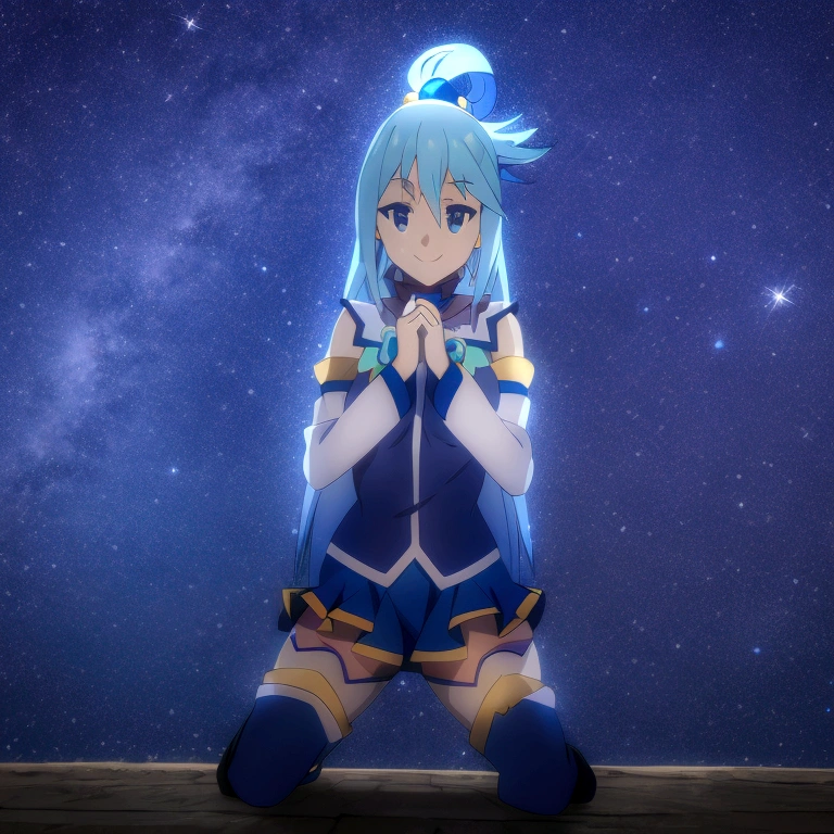 Axel; Aqua, smiling, on her knees; night; stars; sparkle;