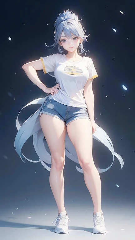 Create an anime-style female Pokémon character. she has fair skin, blue eyes and her hair is dark brown and styled in two large buns on each side of her head.. She is dressed in a tight white t-shirt with light blue sleeves.., with emblem on the chest and yellow shorts. The character wears white sneakers and is standing. Your body is well developed, Your breasts are full, Her waist is slender, your hips are wide and your thighs are thick. Your hands and feet are small. She has a beautiful smile.