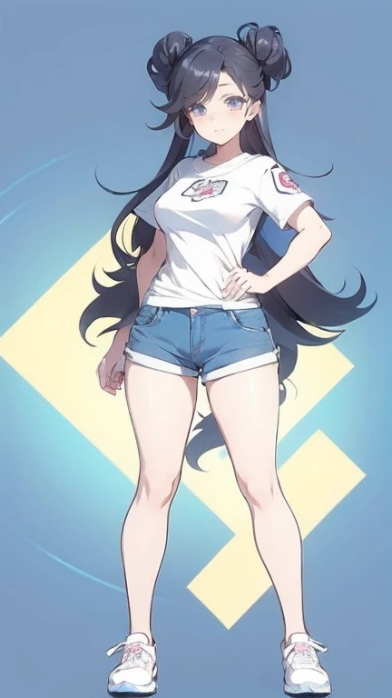 Create an anime-style female Pokémon character. she has fair skin, blue eyes and her hair is dark brown and styled in two large buns on each side of her head.. She is dressed in a tight white t-shirt with light blue sleeves.., with emblem on the chest and yellow shorts. The character wears white sneakers and is standing. Your body is well developed, Your breasts are full, Her waist is slender, your hips are wide and your thighs are thick. Your hands and feet are small. She has a beautiful smile.