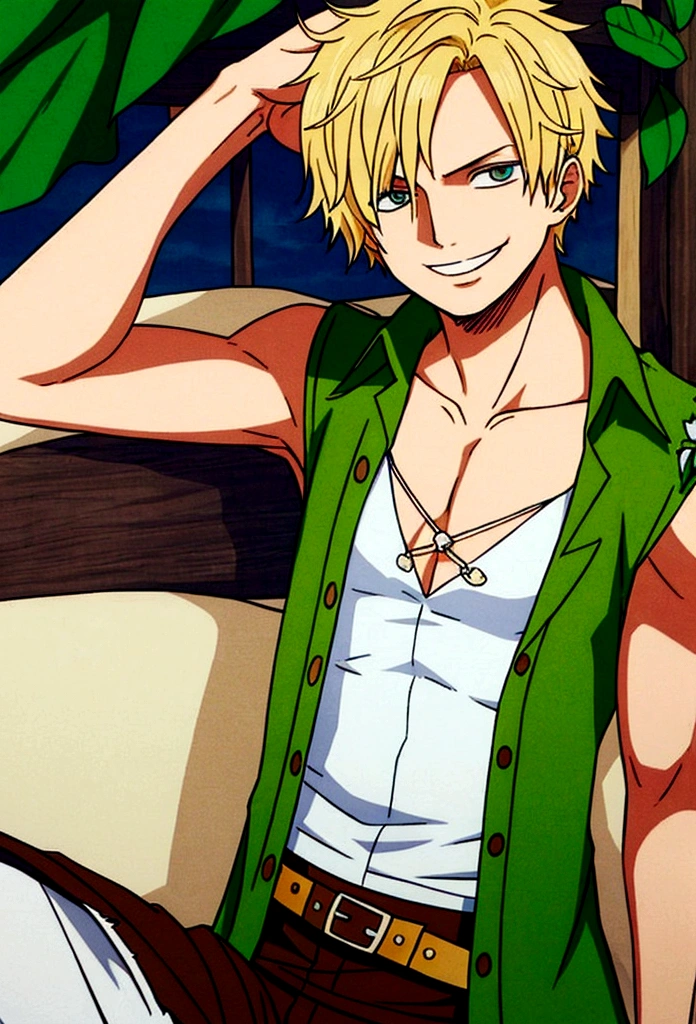 Young Boy Pirate (23 years old), blond short hair WITHOUT HAT, green eyes, kind smiling, wearing white chemise pirate, brown pants pirate