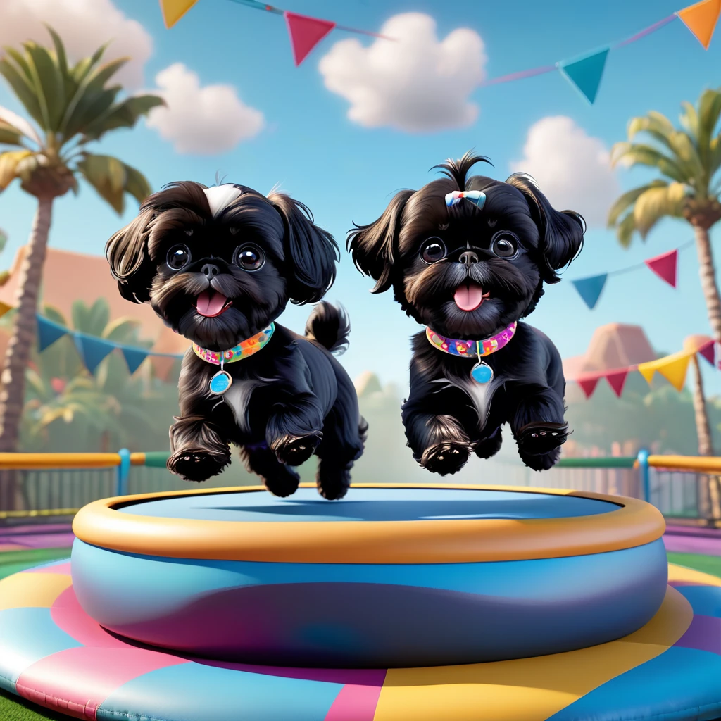 2 Adorable small black Shih Tzu puppies wearing bright bandannas and sunglasses jumping on trampoline Disney background 3d cartoon 3d render disney pixar style