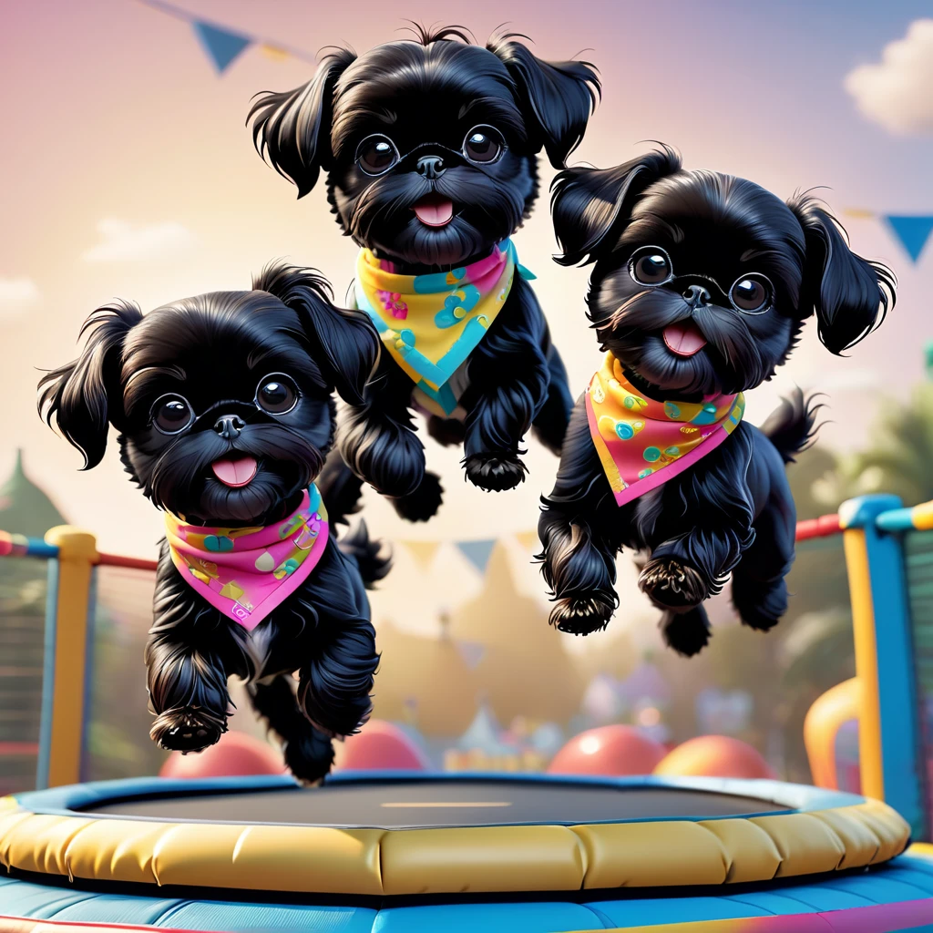 2 Adorable small black Shih Tzu puppies wearing bright bandannas and sunglasses swimming with dolphins Disney background 3d cartoon 3d render disney pixar style