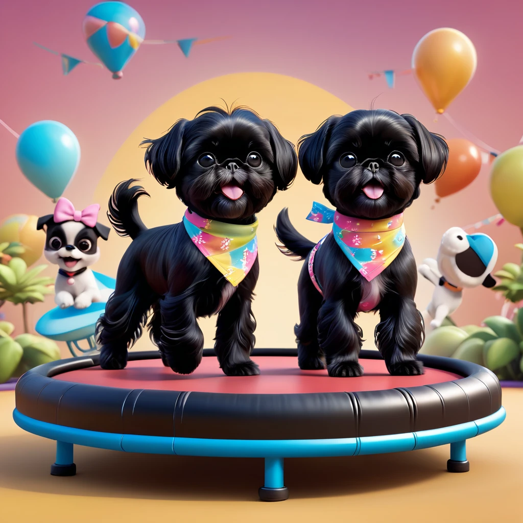 2 Adorable small black Shih Tzu puppies wearing bright bandannas and sunglasses swimming with dolphins Disney background 3d cartoon 3d render disney pixar style