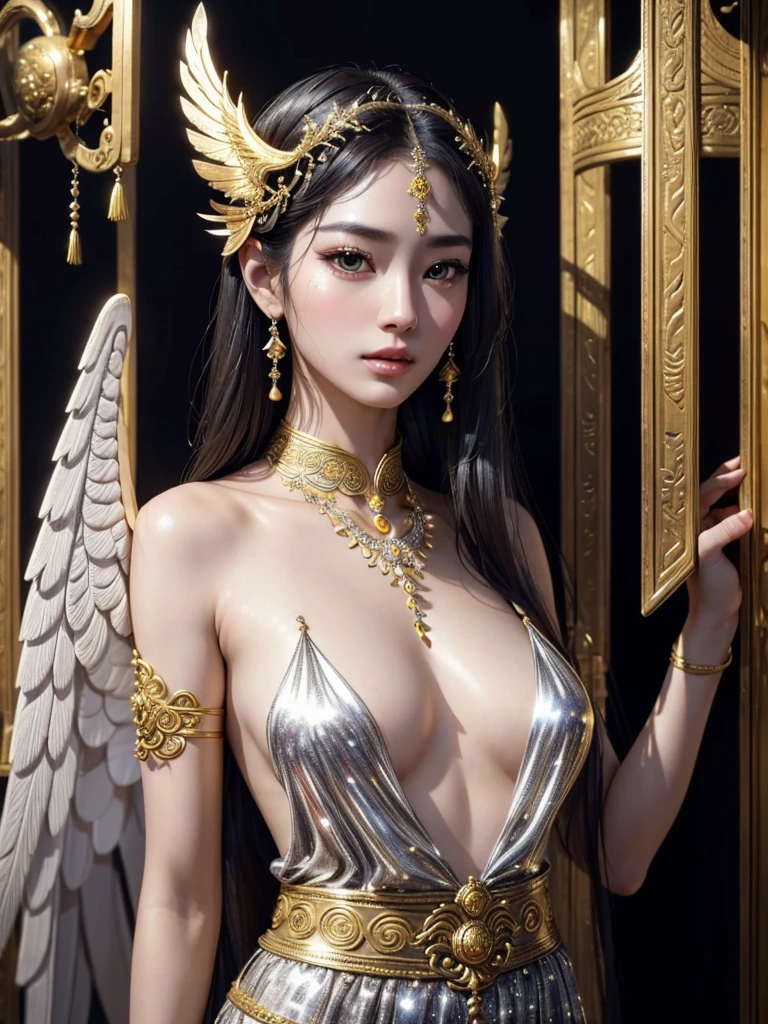 1girl, beautiful detailed eyes, beautiful detailed lips, extremely detailed eyes and face, long eyelashes, silver hair, pale skin, flawless skin, ornaments, ancient temple, dramatic lighting, ethereal, elegant, serene, vibrant colors, glowing skin, delicate features, intricate details, (best quality,8K,highres,masterpiece:1.2),ultra-detailed,(realistic,photorealistic,photo-realistic:1.37), Korean national costume, golden ornaments, ancient ruins, ancient creature, ((winged humanoid)), majestic, divine, mythical, fantasy, surreal