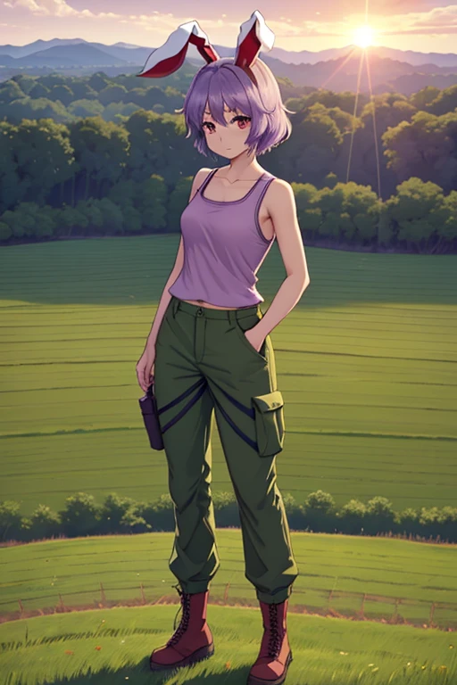 1girl (distant shot;1,5), Touhou, Reisen Inaba, short hair, light purple hair clolor, red eyes color, female tank top (dirty), tactical pants (military green), Plantation fields, standing (In middle of the fields), (wide shot, wider shot), full body, distant shot, sun light