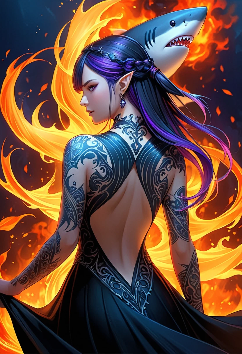a picture of a ((tattoo of a shark: 1.5)) on the back of a female elf, Dark fantasy art, fantasy art, goth art,, a glowing tattoo of a ((shark: 1.3)) on the back of the elf, the ((shark tattoo)) is vivid, intricate detailed coming to life from the ink to real life, GlowingRunesAI_purple, ((fire surrounds the shark: 1.5)), shoot taken from the back, ((the back is visible: 1.3), she wears a transparent black dress, the dress is elegant, flowing, elven style, that the tattoos glow, dynamic hair color, dynamic hair style, faize,, Digital Painting