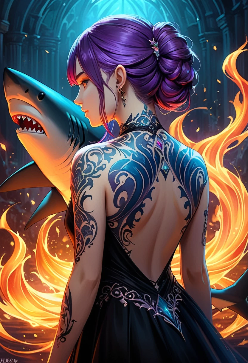 Arafed, a picture of a ((shark tattoo: 1.5)) on the back of a female elf, of  glowing tattoo of a ((blue shark: 1.3)) the shark tattoo is vivid, intricate detailed coming to life rising from the ink to real life, ,  AlchemyPunkAI, shoot taken from the back, ((the back is visible: 1.3), she wears a transparent dress that the tattoos glow,