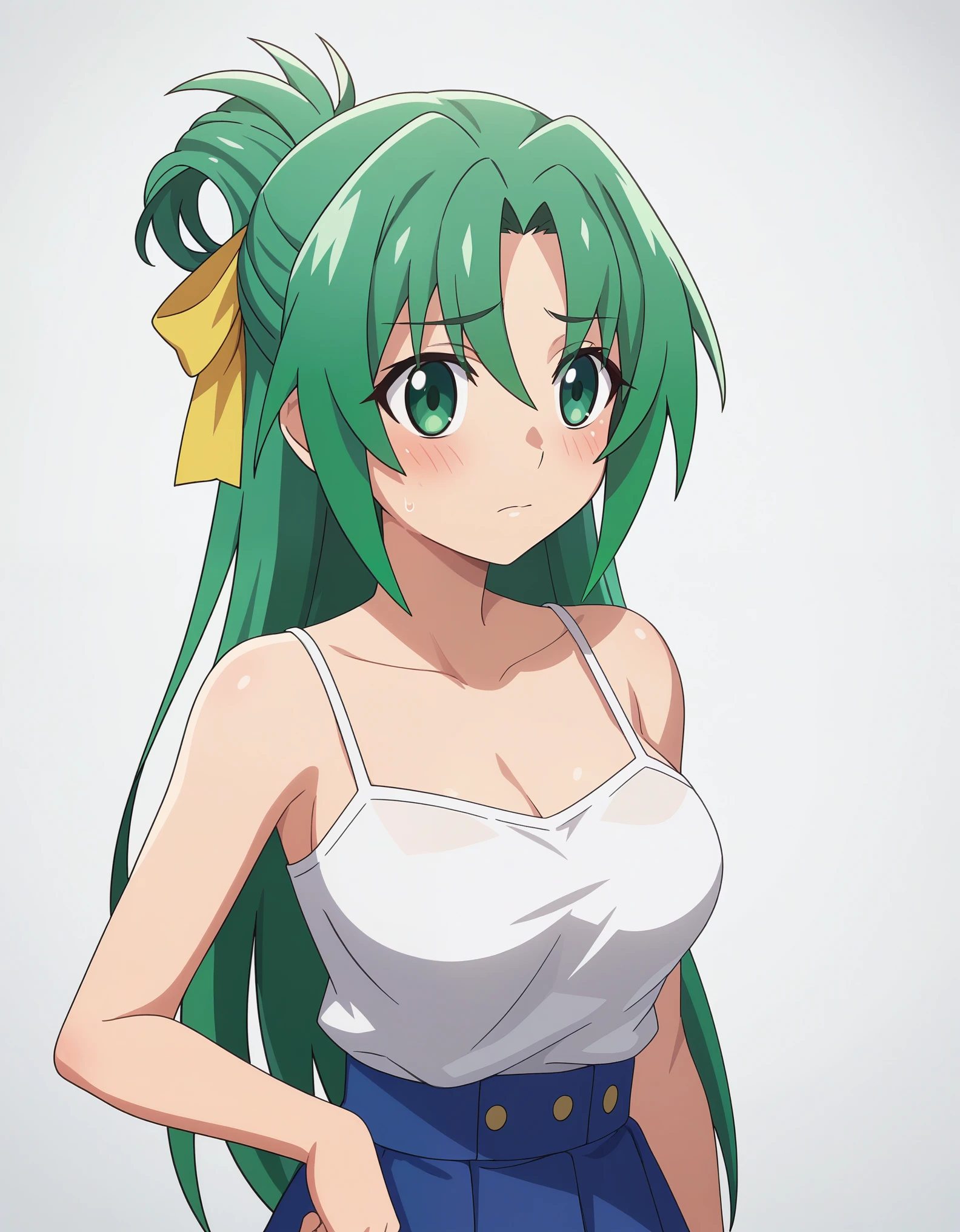 score_9, score_8_up, score_7_up, source_anime, anime_screencap, masterpiece, best_quality, uncensored, higurashimei, 
1girl, solo, sonozaki shion, green hair, long hair, yellow ribbon, half updo, hair ribbon, green eyes, big breasts, simple background, white background, skirt, blush, ribbon, white camisole, upper_body, 