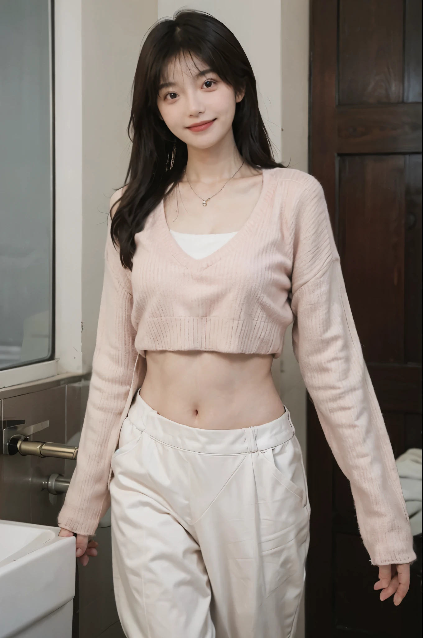 best quality, ultra high resolution, (realistically:1.4),cute hairpin,Baoyu Girl,1 girl,pink long sweater,pink long sweater ,Beautiful woman with slim figure:1.4, abdominal muscles:1.1, (a brown haired one, Medium chest:1.3), pink long sweater, bathroom,Super thin face,exquisite eyes,double eyelids,Smile,necklace