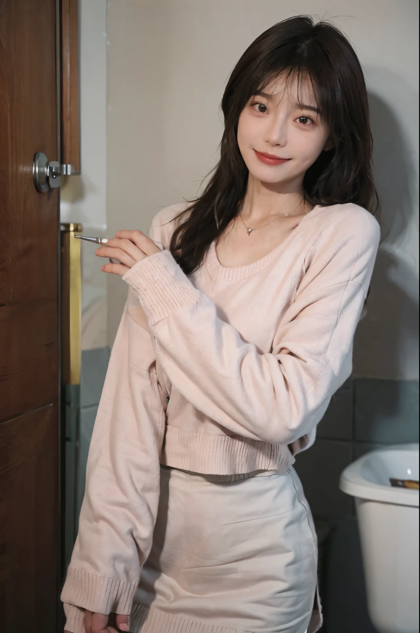 best quality， ultra high resolution， （realistically：1.4），cute hairpin，Baoyu Girl，1 girl,pink long sweater，pink long sweater ，Beautiful woman with slim figure:1.4, abdominal muscles:1.1, (a brown haired one, Medium chest:1.3), pink long sweater, bathroom,Super thin face，exquisite eyes，double eyelids，Smile，necklace