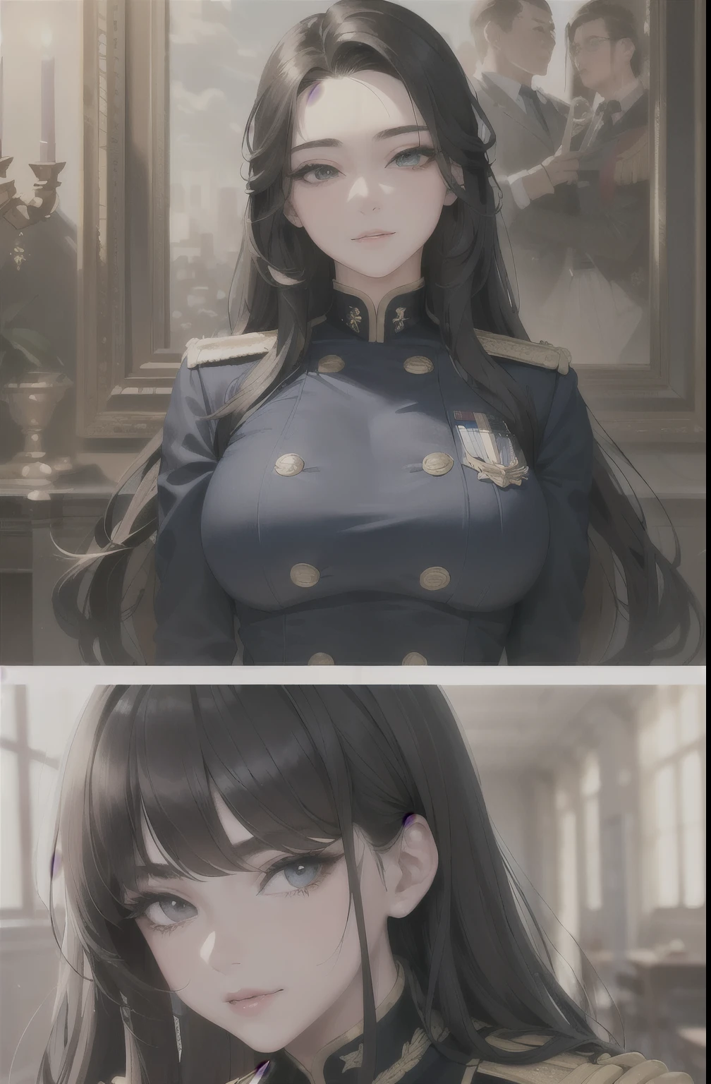 "(A perfect masterpiece:1.2), (the best quality:1.2), stunning face, 's uniform, mature and chubby, big students, glare eyes, make up, long and luxurious eyelashes, fleshy lips, irresistible charisma."