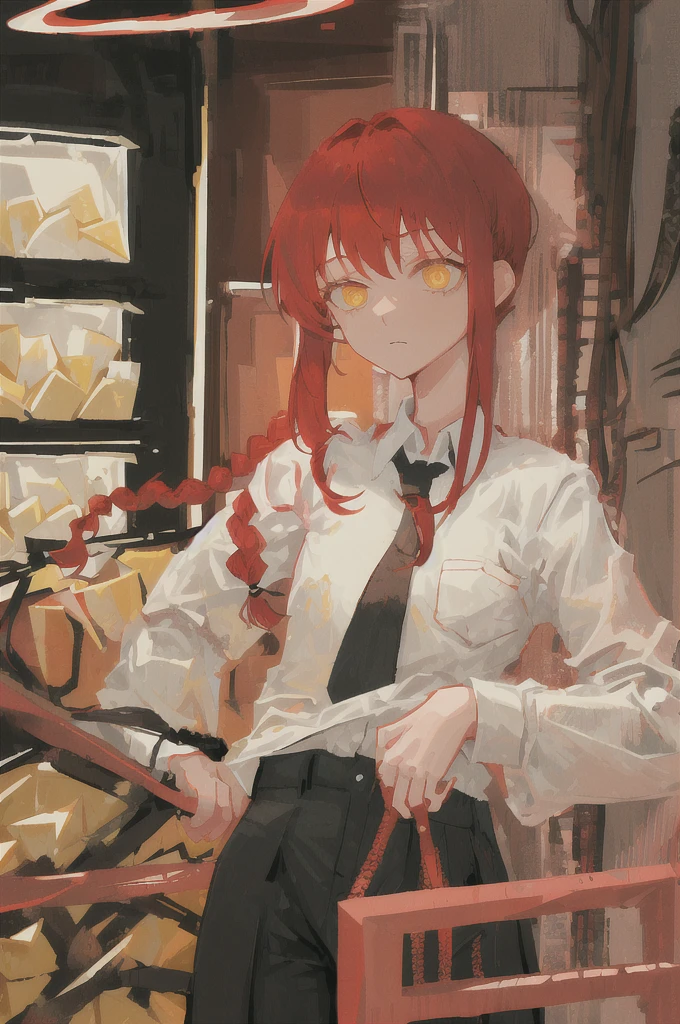 makima \(chainsaw man\), 1girl, absurdres, bangs, indoors, black necktie, black pants, braid, braided ponytail, collared shirt, cowboy shot, highres, long hair, long sleeves, necktie, red hair, ringed eyes, shirt, sidelocks, solo, uniform, white shirt, yellow eyes, small breasts