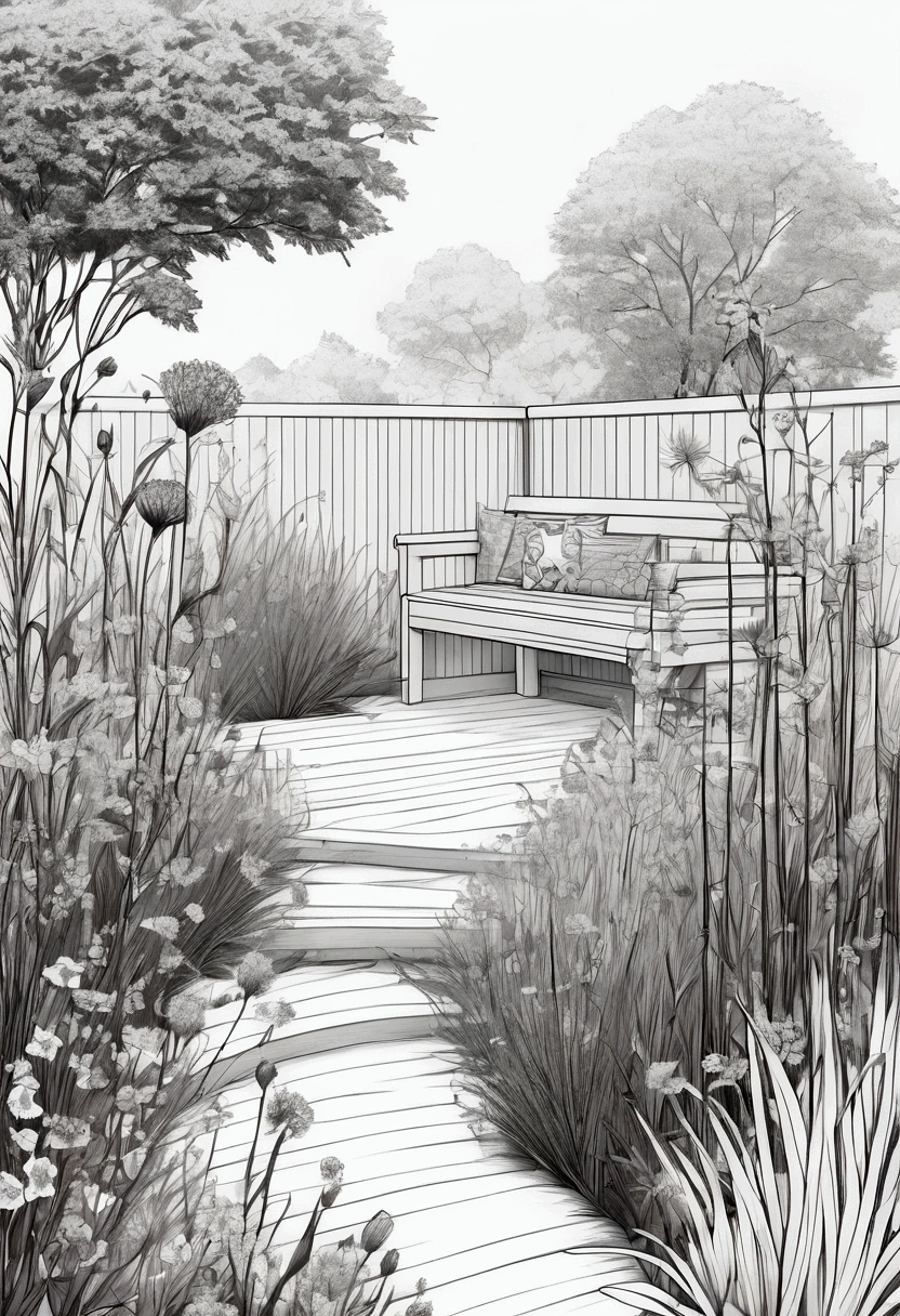 A backyard retreat with a wooden bench, surrounded by tall grasses and wildflowers/ clean line art, white background, colouring page, clean outline, sketch style, clean lines, details line work, floral design,