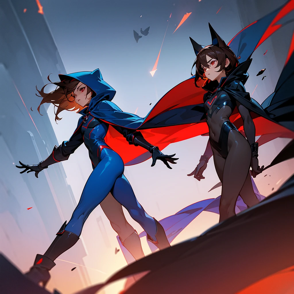 1boy, Femboy, superhero, crossdresser man, ager, with a dark blue with red accents full body Spandex crow themed suit, with a blue cape, a blue glowing decal in the chest, black gloves and black boots that resemble crow feet, and a hoodie, long technological red sword, brown skinned, red eyes, feminine shoulder length dark brown hair, wide hips, thick thighs , flat chest, narrow waist, walking down street a futuristic city at night ((only one character)), (((solo)))