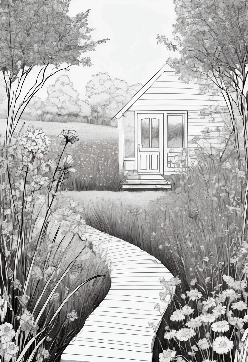 A backyard retreat with a wooden bench, surrounded by tall grasses and wildflowers. clean line art, white background, colouring page, clean outline, sketch style, clean lines, details line work, floral design,