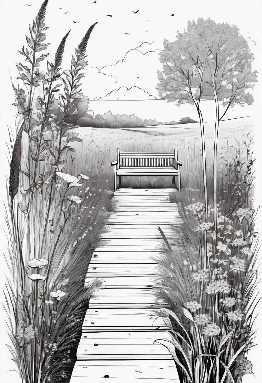 A backyard retreat with a wooden bench, surrounded by tall grasses and wildflowers. clean line art, white background, colouring page, clean outline, sketch style, clean lines, details line work, floral design,