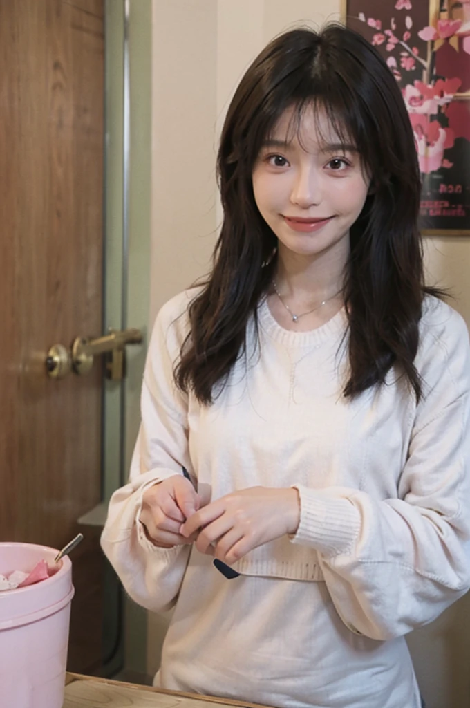 best quality， ultra high resolution， （realistically：1.4），cute hairpin，Baoyu Girl，1 girl,pink long sweater，pink long sweater ，Beautiful woman with slim figure:1.4, abdominal muscles:1.1, (a brown haired one, Medium chest:1.3), pink long sweater, bathroom,Super thin face，exquisite eyes，double eyelids，Smile，necklace